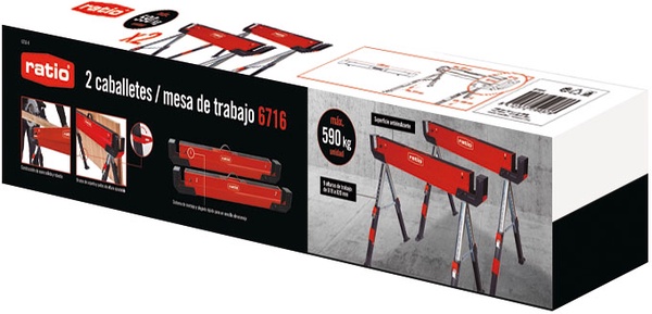 Kit de Caballetes Multifuncion RATIO Acero, Antideslizante, Altura Ajustable, Capacidad 590 kg